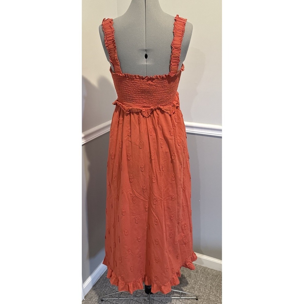 Farm Rio‎ smocked bodice 3D tonal pineapple embroidery Coral/Red M Maxi Dress - Picture 4 of 9